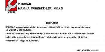 KTMMOB Makina Mühendisleri Odası 43. Olağan Genel Kurul Ertelemesi